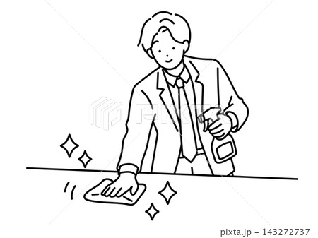 デスクを掃除する男性会社員のイラスト デスクを掃除する男性会社員のイラスト 143272737
