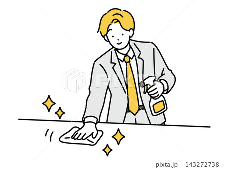 デスクを掃除する男性会社員のイラスト デスクを掃除する男性会社員のイラスト 143272738