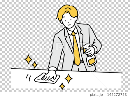 デスクを掃除する男性会社員のイラスト デスクを掃除する男性会社員のイラスト 143272738