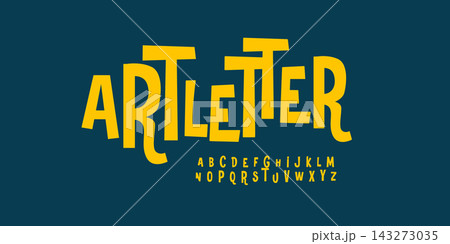 Art letter font modern bouncy typeset, lively friendly alphabet. Playful cheerful letters in Los Muertos Mexican style for menus, labels, signage, ads, crafts and comic book. Vector typographic design Art letter font modern bouncy typeset, lively friendly alphabet. Playful cheerful letters in Los Muertos Mexican style for menus, labels, signage, ads, crafts and comic book. Vector typographic design 143273035