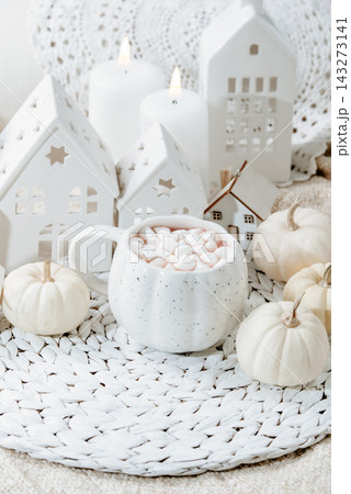autumn background. Cozy Autumn Hot Chocolate with Mini Pumpkins and Fall Decor Warm mug of hot chocolate with mini marshmallows, white pumpkins and home decor. Inviting autumn scene 143273141
