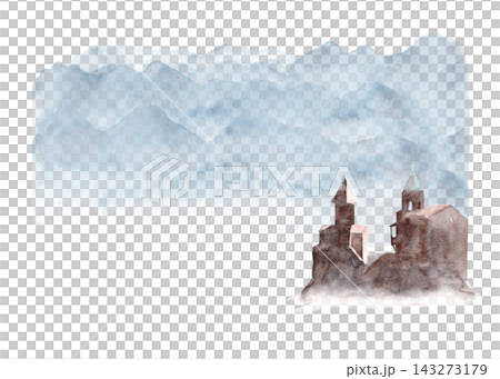 Watercolor blue mountain landscape with two old churches in the foreground, hand painted with soft misty layers. Scenic illustration for travel, tourism, backgrounds, invitations and editorial design Watercolor blue mountain landscape with two old churches in the foreground, hand painted with soft misty layers. Scenic illustration for travel, tourism, backgrounds, invitations and editorial design 143273179
