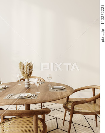 table set on wooden chair in modern interior table set on wooden chair in modern interior 143273225