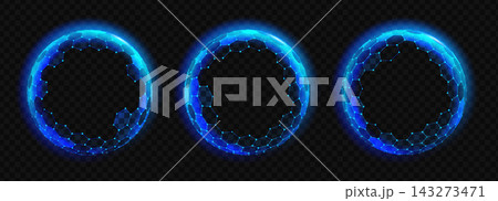 Protect light defense shield dome sphere technology. Transparent hexagon barrier with blue digital 3d effect. Abstract safety ball background for futuristic protection concept. 143273471
