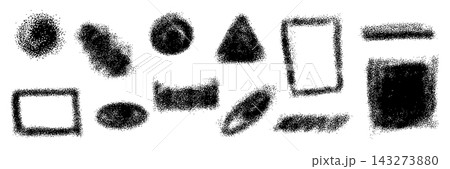 Abstract noise grain brush collection with rough halftone texture and organic geometric forms. Grainy vector elements create modern backgrounds overlays and creative design compositions. 143273880
