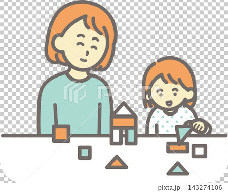 積み木遊びをする娘とお母さんのイラスト 積み木遊びをする娘とお母さんのイラスト 143274106