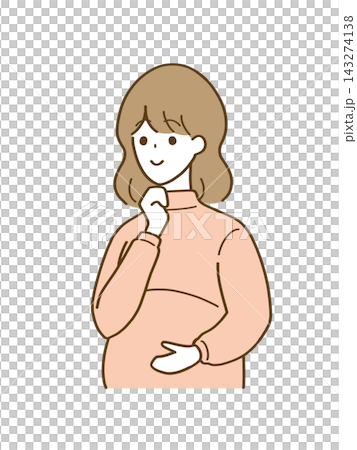 一幅描繪孕婦思考的插圖(面帶微笑,看向一旁)。 一幅描繪孕婦思考的插圖(面帶微笑,看向一旁)。 143274138
