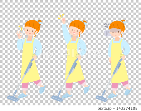 A set of illustrations of a young woman vacuuming. A set of illustrations of a young woman vacuuming. 143274188
