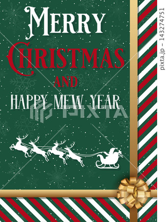 Festive dark green Merry Christmas greeting card template featuring Santa Claus with reindeer sleigh, golden ribbon with bow, snowflakes, and holiday typography against a dark green background. Festive dark green Merry Christmas greeting card template featuring Santa Claus with reindeer sleigh, golden ribbon with bow, snowflakes, and holiday typography against a dark green background. 143274751