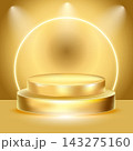 Golden luxury award podium with sparkling light rays. Premium elegant stage with gold background with soft spotlight for winners, champions, and premium ceremony celebrations. Vector illustration 143275160