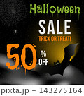 Halloween Sale Poster with Discount, Spooky Background with Bat and Spider Web. Banner with Spooky Elements. Vector illustration 143275164