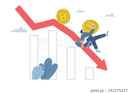 Cryptocurrency price falls, Bitcoin value continues to fall, Crypto trading risks, Male investor holding bitcoin falling following red arrow, Flat vector design illustration. Cryptocurrency price falls, Bitcoin value continues to fall, Crypto trading risks, Male investor holding bitcoin falling following red arrow, Flat vector design illustration. 143275217