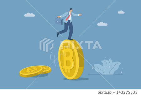 Male investor balancing on bitcoins, Risk and high volatility in the cryptocurrency market, Maintaining stability between losses and returns, Bitcoin trading market, Vector design. Male investor balancing on bitcoins, Risk and high volatility in the cryptocurrency market, Maintaining stability between losses and returns, Bitcoin trading market, Vector design. 143275335