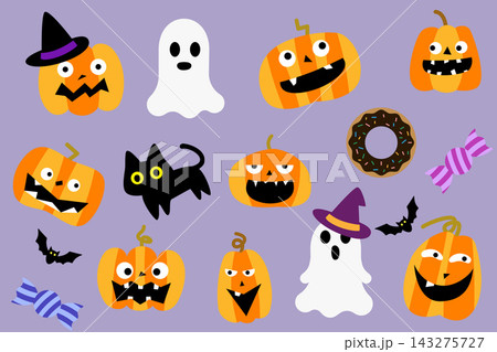 色々な表情のハロウィンかぼちゃとおばけセット 色々な表情のハロウィンかぼちゃとおばけセット 143275727