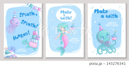 A set of children's greeting cards with cute sea animals. Octopus, jellyfish, turtle, mermaid. Handwritten inscription. Vector illustration for postcards and posters. A set of children's greeting cards with cute sea animals. Octopus, jellyfish, turtle, mermaid. Handwritten inscription. Vector illustration for postcards and posters. 143276341