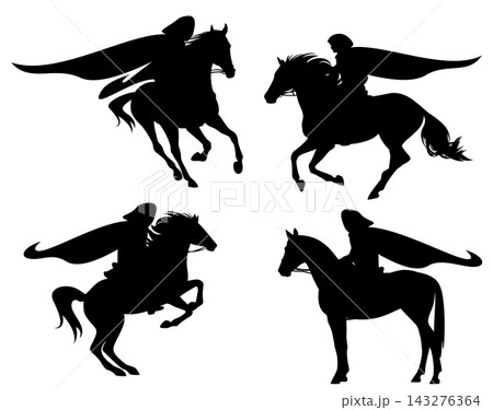 mysterious hooded horse rider wearing cloak vector silhouette outline set mysterious hooded horse rider wearing cloak vector silhouette outline set 143276364