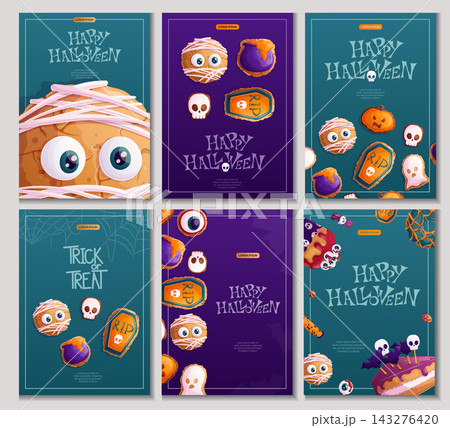 A set of Halloween design templates. Cookies in the form of a mummy, cauldron, ghost, cupcake, cake decorated with bats, eyeballs. "Trick or treat" Isolated vector illustration A set of Halloween design templates. Cookies in the form of a mummy, cauldron, ghost, cupcake, cake decorated with bats, eyeballs. "Trick or treat" Isolated vector illustration 143276420