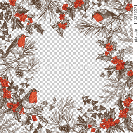 Red and black Christmas frame with robins, holly, ivy, and pine. Engraved style card with copy space. Transparent background. Red and black Christmas frame with robins, holly, ivy, and pine. Engraved style card with copy space. Transparent background. 143276571