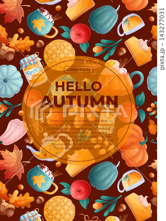 A flyer design template with autumn leaves, drinks and food. The concept of autumn, Thanksgiving day. Vector illustration for seasonal design of banners, posters, promotions, invitations. 143277031