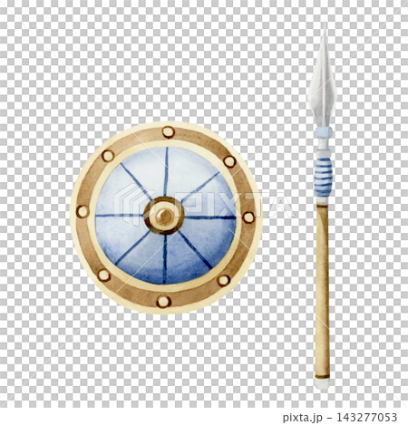 Ancient shield and spear watercolor illustration isolated on white. Jewish Hanukkah miracle symbols of the Maccabees story for holiday. Historical drawing in blue, brown and gold colors Ancient shield and spear watercolor illustration isolated on white. Jewish Hanukkah miracle symbols of the Maccabees story for holiday. Historical drawing in blue, brown and gold colors 143277053