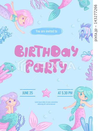 Design a children's birthday invitation with a cute mermaid. 1st anniversary party, birthday, celebration, congratulations, invitation concept. Vector illustration. Design a children's birthday invitation with a cute mermaid. 1st anniversary party, birthday, celebration, congratulations, invitation concept. Vector illustration. 143277266