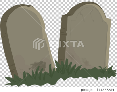 Spooky Halloween graveyard illustration featuring two large, weathered tombstones surrounded by overgrown grass. 143277284