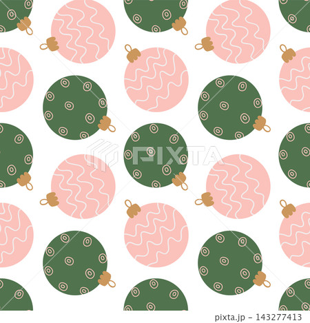 Christmas seamless pattern with green and pink baubles background for holiday design 143277413