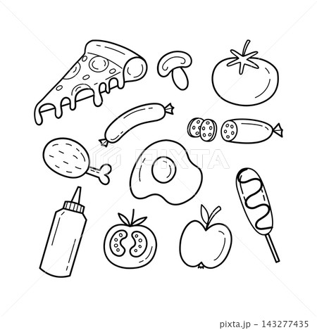Food doodle vector set with pizza slice sausage egg and fast food outline icons for coloring book design Food doodle vector set with pizza slice sausage egg and fast food outline icons for coloring book design 143277435