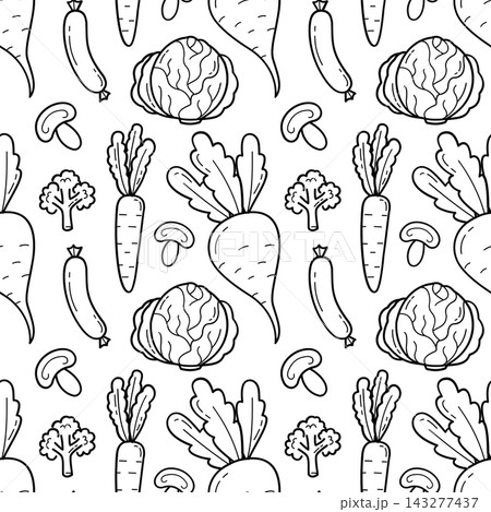 Vegetable doodle seamless pattern vector with cabbage carrot radish mushroom outline icons for coloring page 143277437