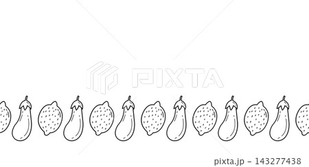 Seamless border doodle vector of eggplant and lemon outline icons for framing and coloring book design 143277438