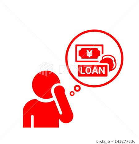 ローンについて考える人物とお金の吹き出しのピクトグラム(赤) ローンについて考える人物とお金の吹き出しのピクトグラム(赤) 143277536