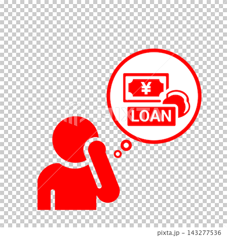 ローンについて考える人物とお金の吹き出しのピクトグラム(赤) ローンについて考える人物とお金の吹き出しのピクトグラム(赤) 143277536