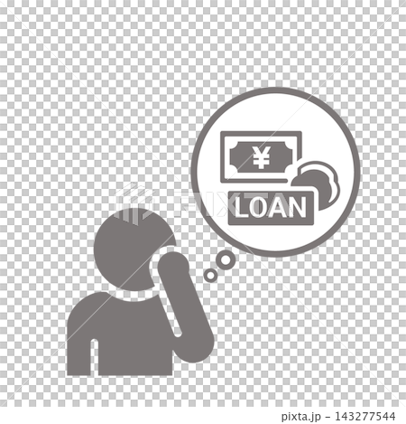 ローンについて考える人物とお金の吹き出しのピクトグラム（グレー） 143277544