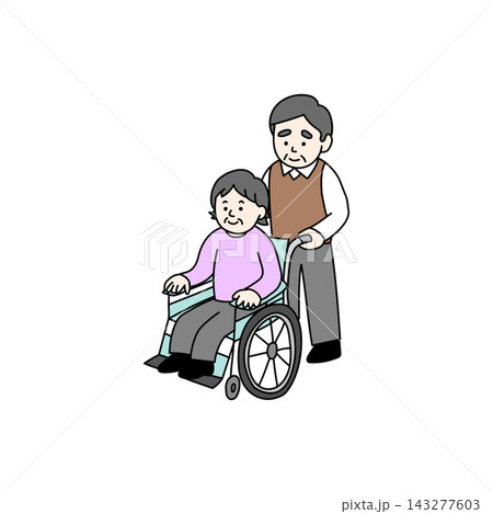 車椅子の高齢女性と介助する高齢男性 車椅子の高齢女性と介助する高齢男性 143277603