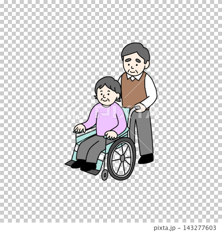 車椅子の高齢女性と介助する高齢男性 車椅子の高齢女性と介助する高齢男性 143277603
