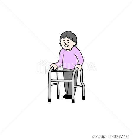歩行器を使って歩く高齢女性のイラスト 歩行器を使って歩く高齢女性のイラスト 143277770