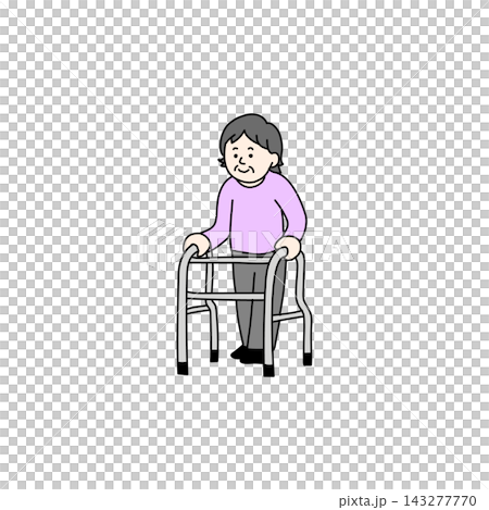 Illustration of an elderly woman walking with a walker. Illustration of an elderly woman walking with a walker. 143277770