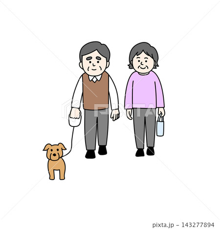 仲良く並んで犬の散歩をする高齢者夫婦のイラスト 143277894