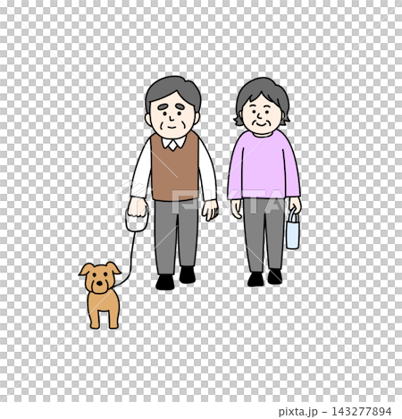仲良く並んで犬の散歩をする高齢者夫婦のイラスト 143277894