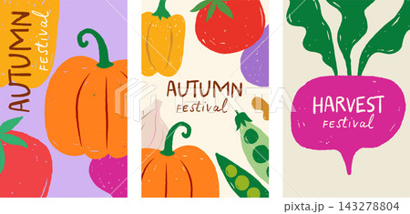 Harvest and autumn festival posters and banners set with hand drawn vegetables, including beetroot Harvest and autumn festival posters and banners set with hand drawn vegetables, including beetroot 143278804