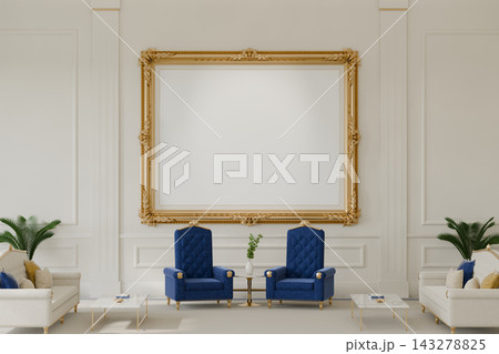 Giant gold frame mockup above two royal blue chairs in a grand state reception hall 143278825