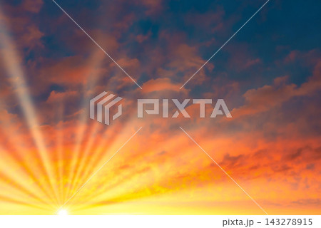 Sunset sky, sun with sun rays beams Sunset sky, sun with sun rays beams 143278915