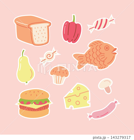Cute food sticker set with hand drawn doodle icons on pink background for cafe menu and scrapbook design 143279317