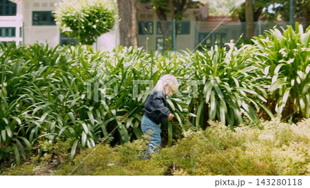 Child closely inspects plant leaves and soil outdoors with curiosity 143280118