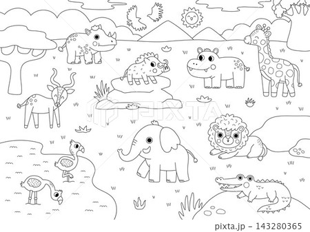Horizontal cartoon African animals landscape. Black and white nature savanna background with trees, plants. Safari wildlife horizontal scene, coloring page with elephant, hippo, giraffe, lion, 143280365