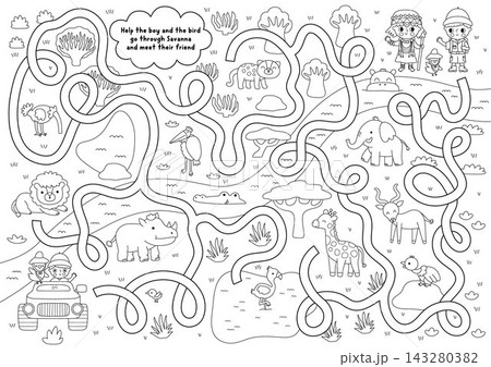 Black and white safari maze with nature scene, animals, boy on car going to African friend. Savanna line labyrinth game. Savannah printable activity, coloring page with giraffe, elephant, lion, 143280382