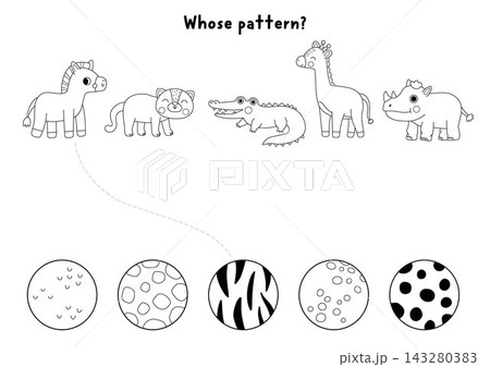 Safari black and white matching activity with animals and skin patterns. Savannah line puzzle with zebra, leopard, crocodile, giraffe, rhinoceros. Match object game with fur ornament. Wildlife 143280383