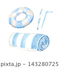 Watercolor illustration featuring summer beach vacation accessories. An inflatable striped pool ring. A hand-painted seaside towel. Cocktail straws for an island getaway. Travel items. 143280725