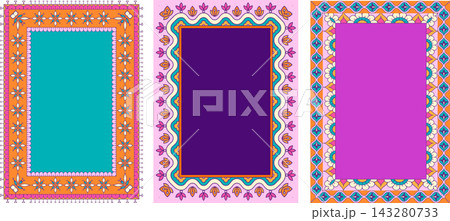 Colorful Diwali decorative frames with geometric and floral motifs. Vibrant festive ethnic design 143280733