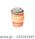 Watercolor cartoon cup for hot drinks. Hand-drawn morning coffee. Tea in a red takeaway cup for an autumn walk. Milk-based drink from a coffee shop. Suitable for designs, menus, and coffee shops. 143281845